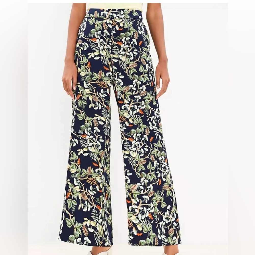 LOFT Navy Floral Wide-Leg Satin Feel Pants- petite small